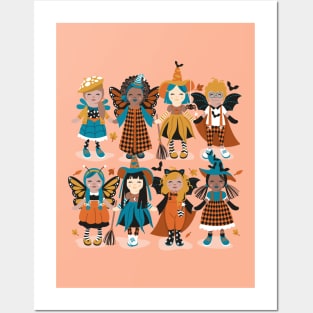 Witches dance // spot illustration // flesh background orange yellow and teal halloween fantasy costumes Posters and Art